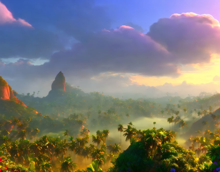 Vibrant tropical forest sunrise with mist and rock formations