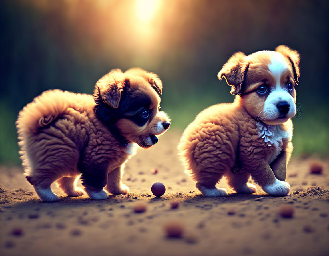 Fluffy puppies outdoors at sunset with a ball on the ground