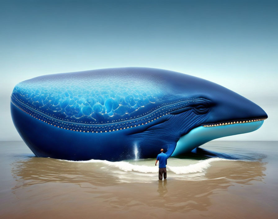 Person facing surreal blue whale on shoreline under calm sky