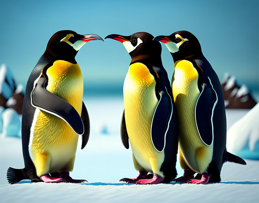 Three penguins on icy landscape under clear blue sky