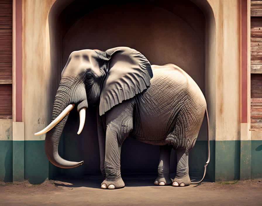 Large elephant with tusks and flapping ears in front of rounded doorway