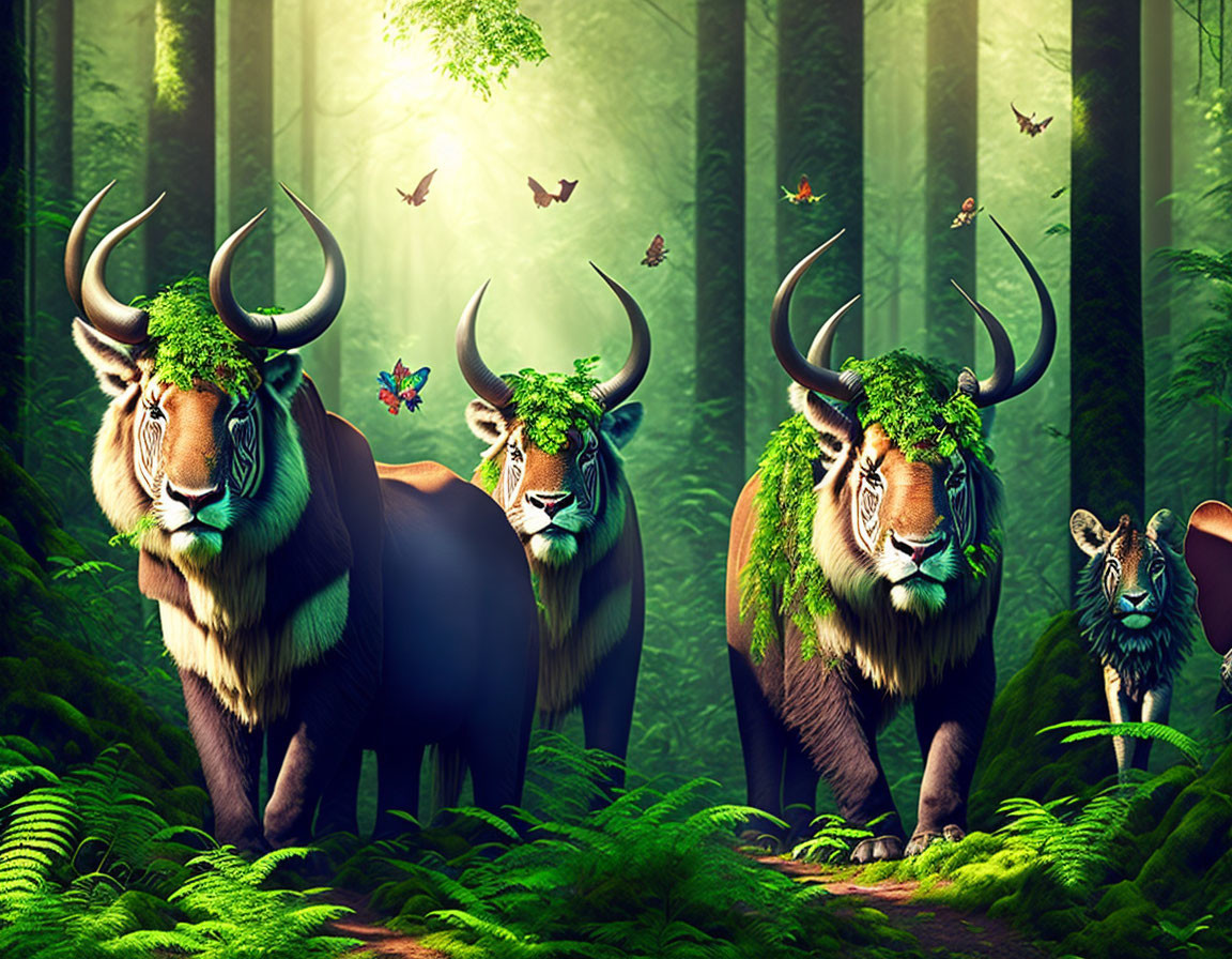 Mystic antelopes with green forest elements in lush nature scene