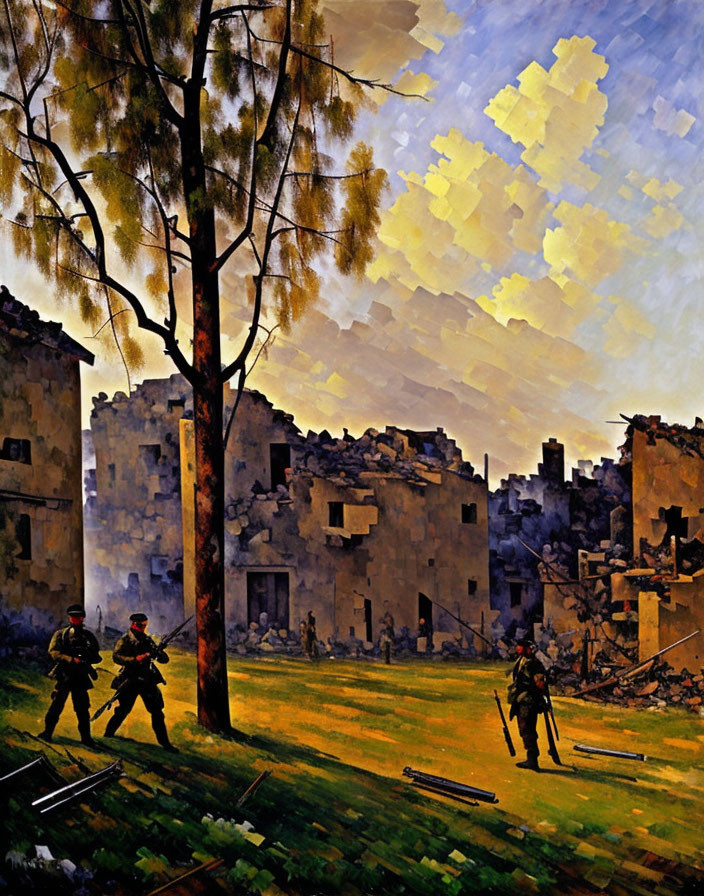 Sunlight breaking through clouds over war-torn buildings with silhouetted soldiers patrolling.