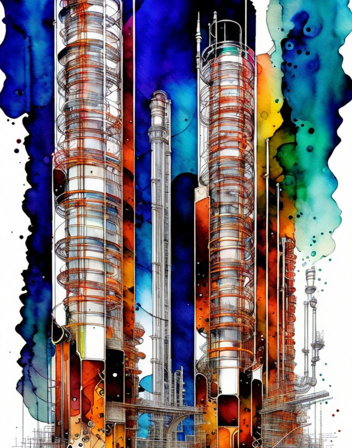 Vibrant watercolor painting of industrial distillation towers in blue and orange ink splatters