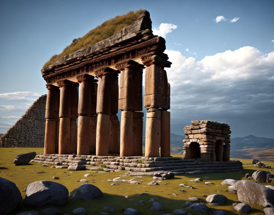 Ancient stone ruins with tall columns under a large single-stone roof in scenic landscape.