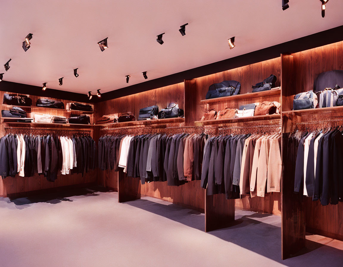 Luxurious Clothing Boutique with Warm Lighting and Rich Wooden Interior