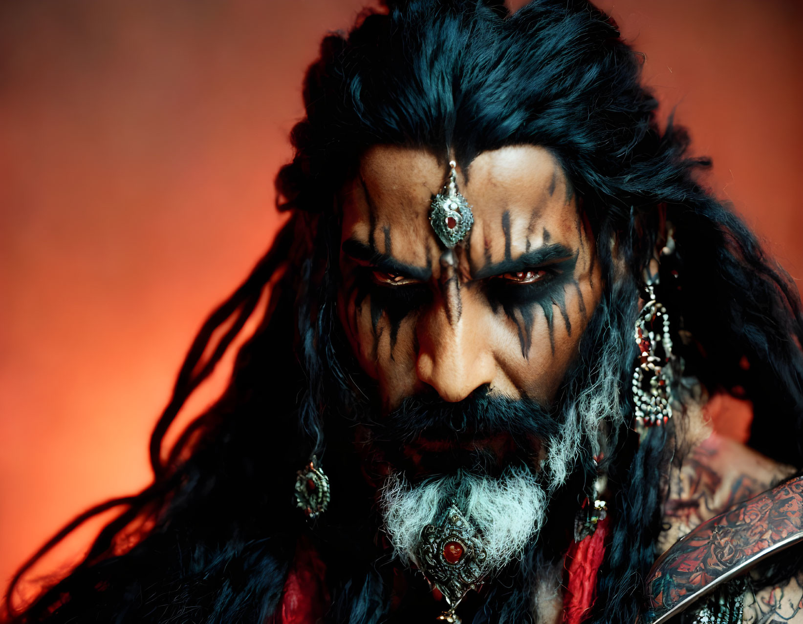 Portrait of person with intense gaze, tribal makeup, ornate jewelry, detailed headpiece on warm backdrop