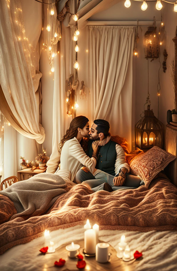 Romantic bedroom with string lights, embracing couple, cushions, and candles