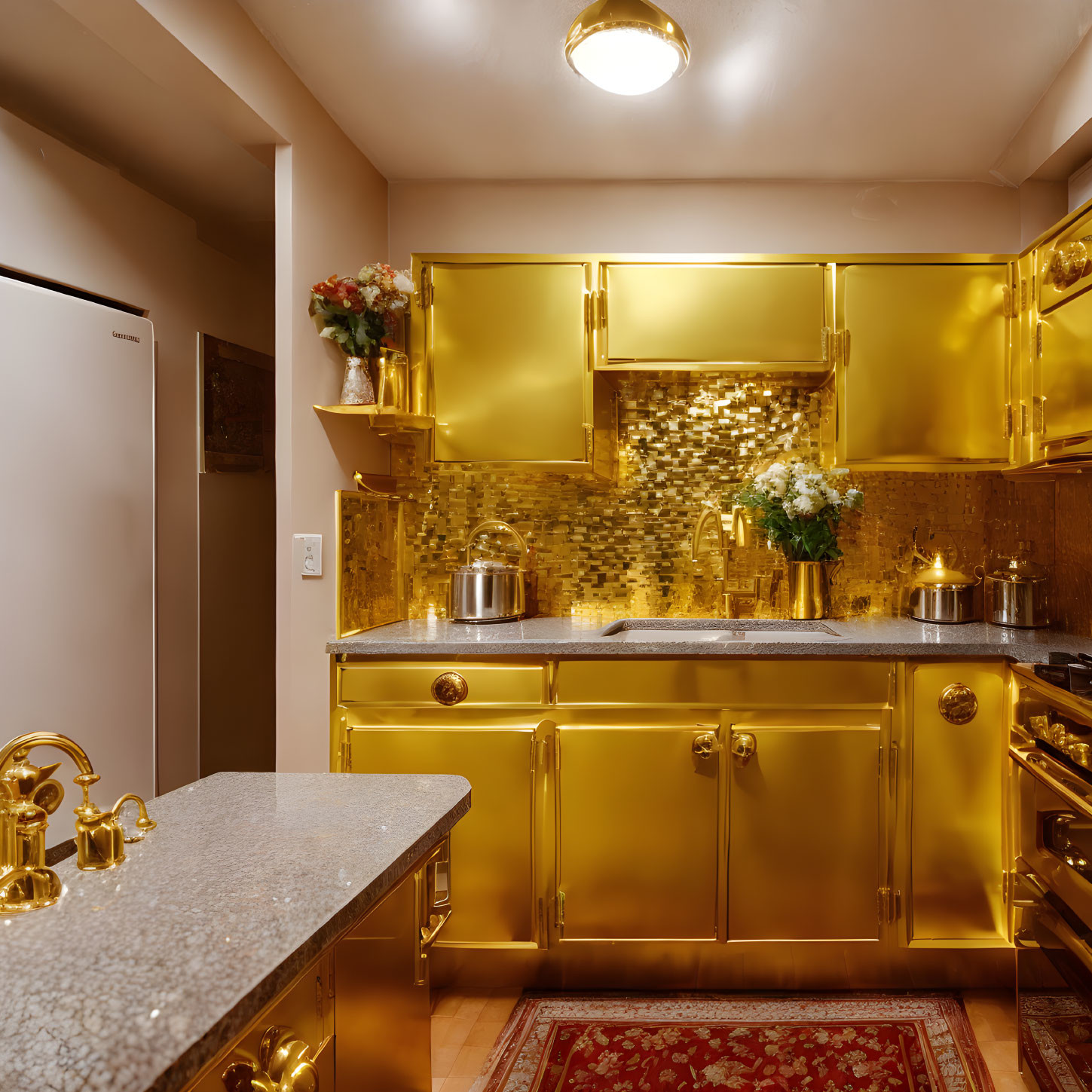 Modern kitchen with gold cabinets, granite countertops, brass fixtures, warm rug, and ambient lighting