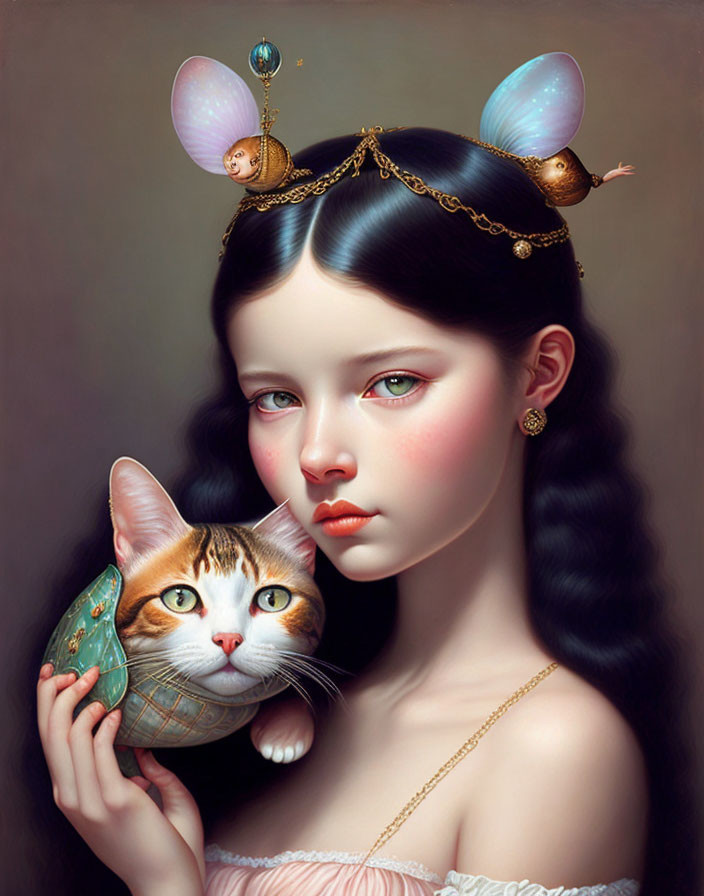 Surreal portrait of girl with braided hair holding colorful cat and whimsical creatures