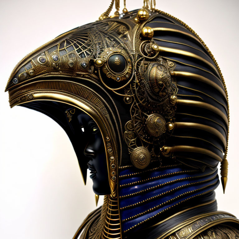 Intricate golden patterns on futuristic helmet with dark visor