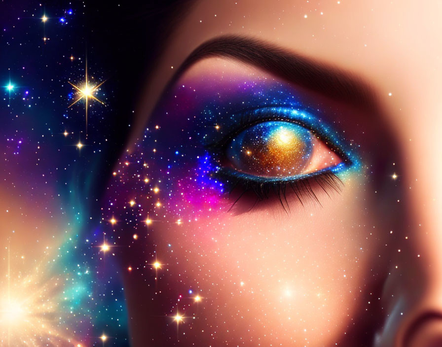 Cosmic-themed galaxy makeup blending into skin