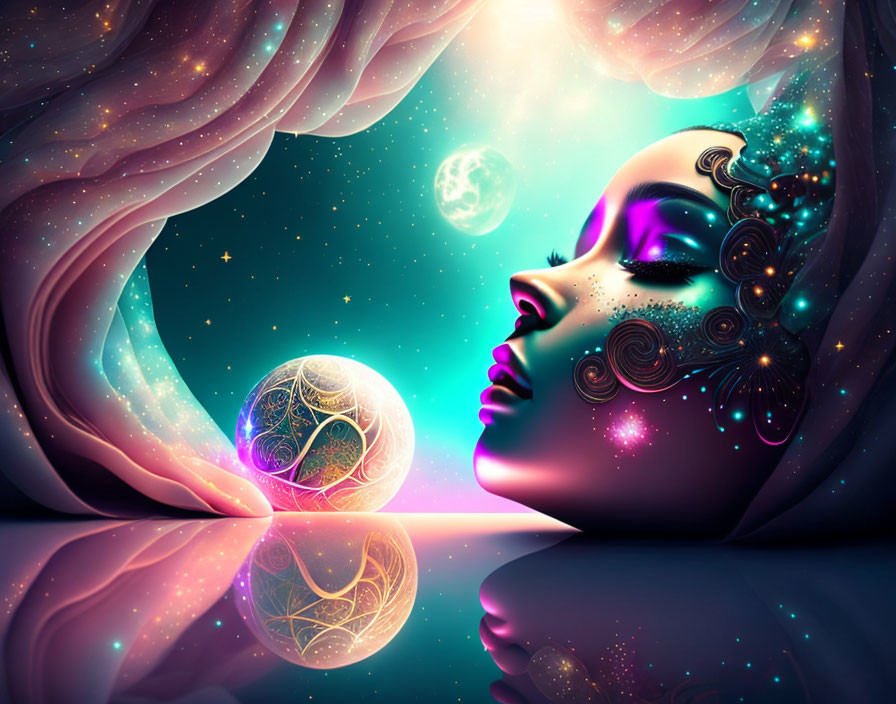 Surreal woman's profile with cosmic elements and vibrant orb