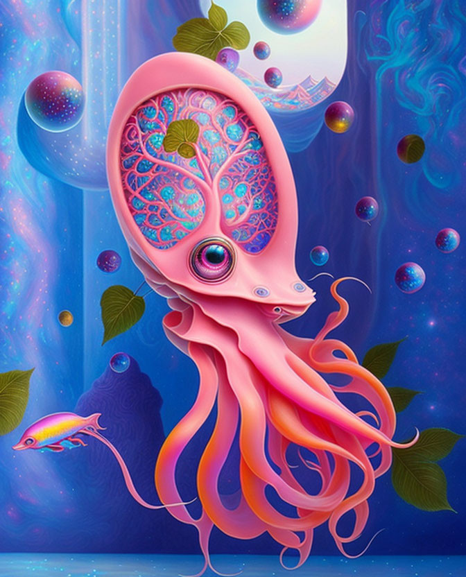 Colorful Pink Octopus with Translucent Head in Surreal Underwater Scene