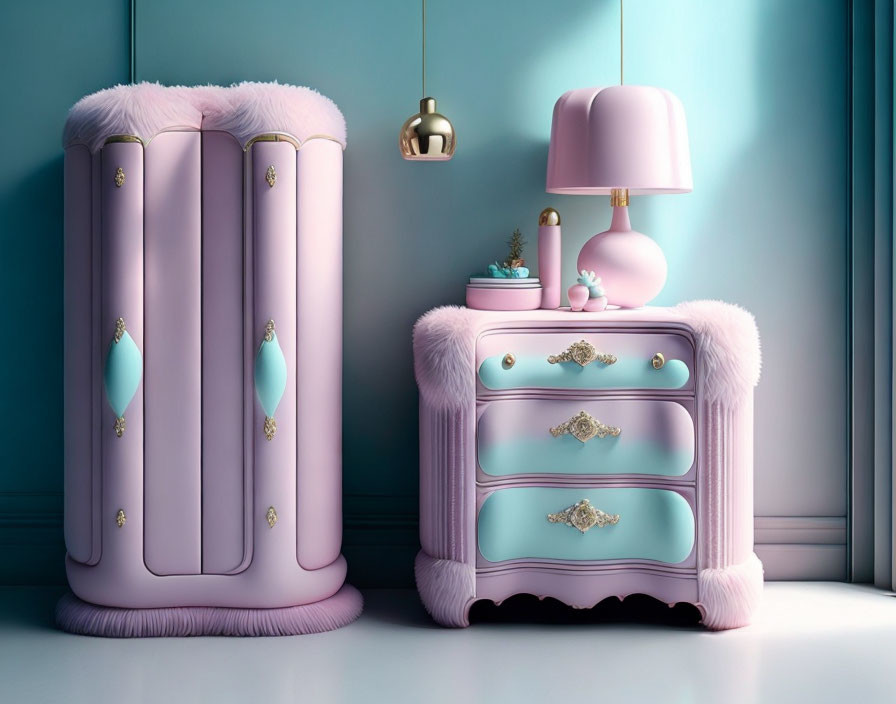 Stylish Room with Pink and Purple Furry Cabinet and Matching Dresser