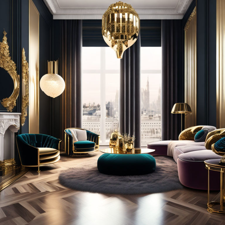 Elegant living room with gold accents, ornate chandelier, plush textiles, and city views