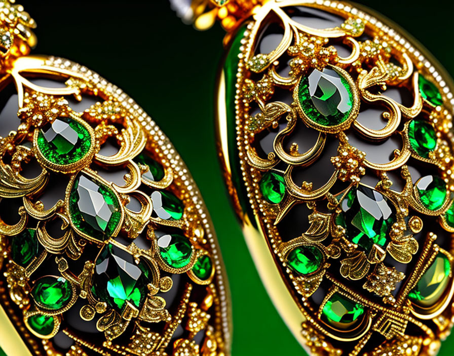 Gold earrings with green gemstones on green background