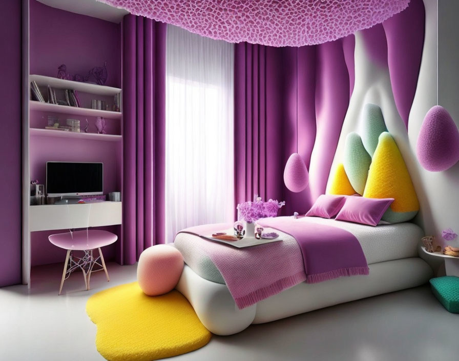 Modern Bedroom with Purple Walls & Colorful Decor