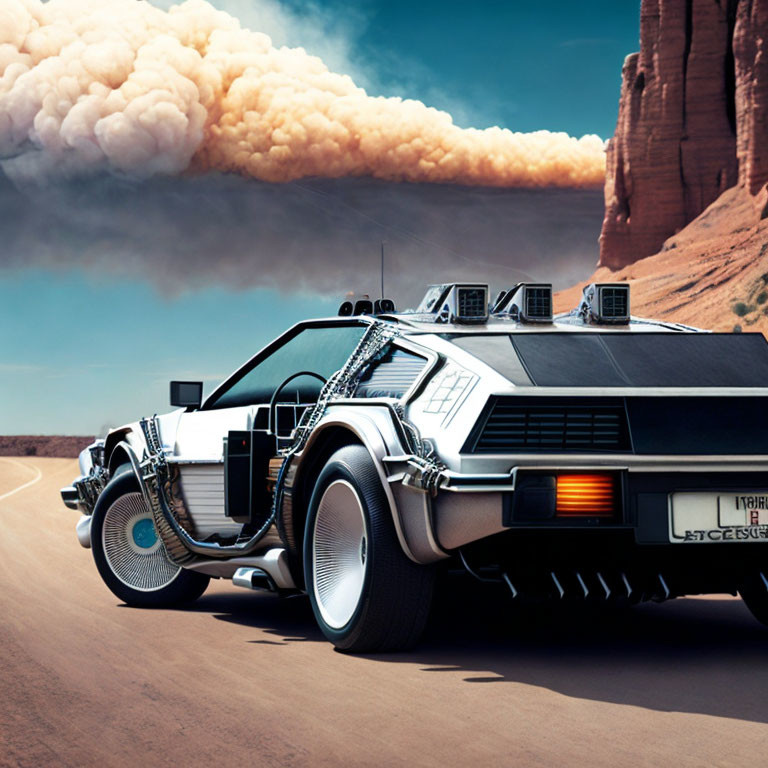 Futuristic DeLorean car with modified design on desert road