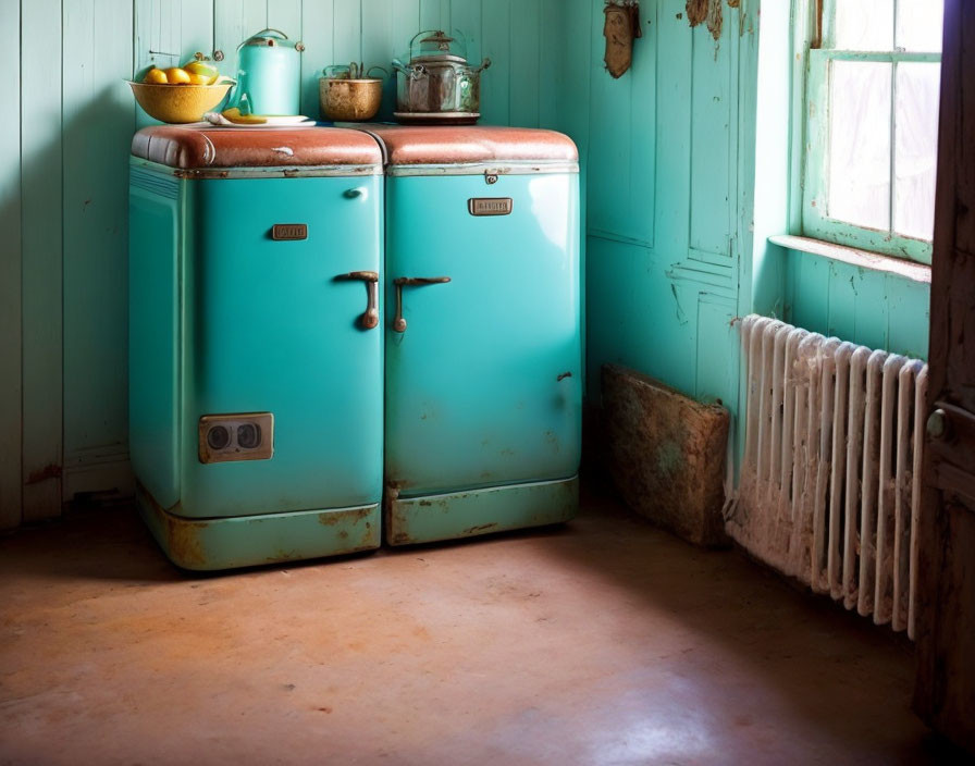 Vintage Turquoise Refrigerators in Rustic Kitchen Setting