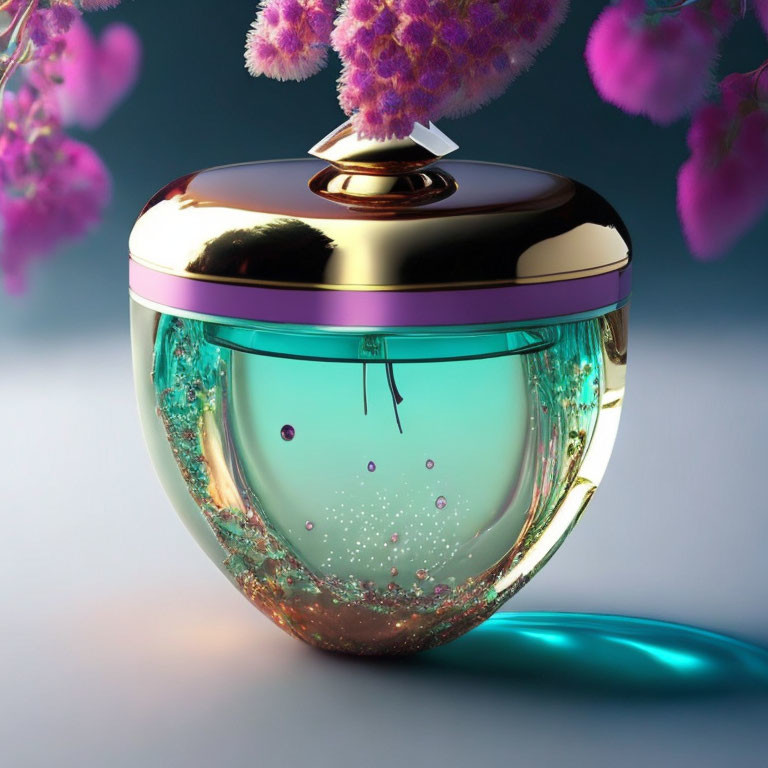 Luxurious perfume bottle with gold cap and blue glass body, featuring bubbles and pink flower reflection