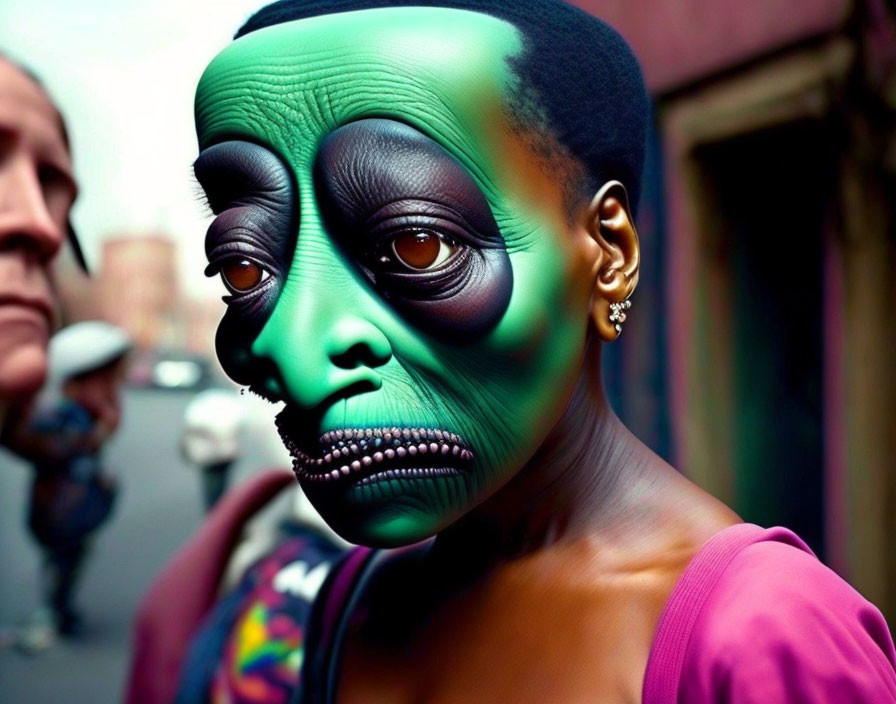 Vibrant green and black face paint in surreal urban scene