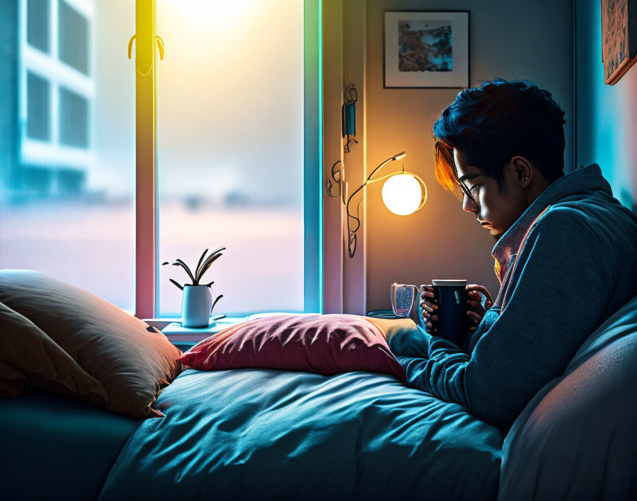 Person sitting on bed at dusk with mug, soft lamp glow, and twilight sky view