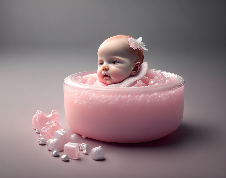 Sweet Baby with Bow Headband in Pink Bowl among Candies