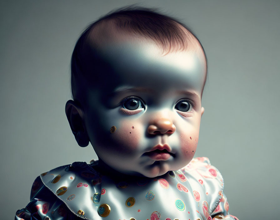 Baby portrait with shadow, expressive eyes, and patterned outfit