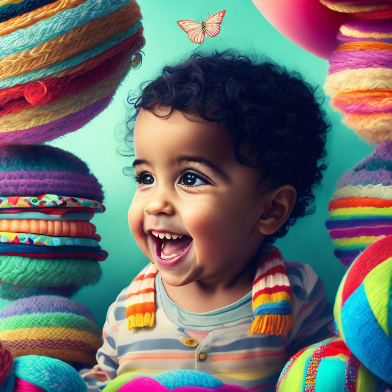 Curly-haired toddler with colorful fabric balls and butterfly, smiling brightly