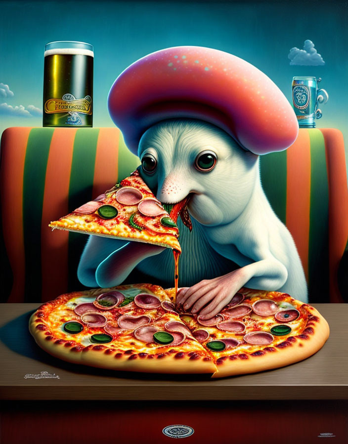 Surreal illustration: creature with mushroom head eating pizza