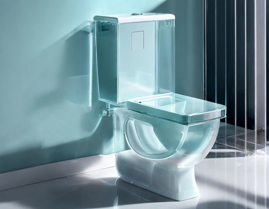 Modern Transparent Toilet with White Base in Natural Light on Teal Wall