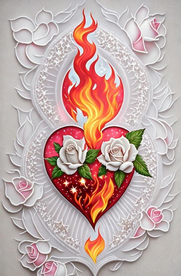 Colorful Flaming Heart with White Roses on Lace Background