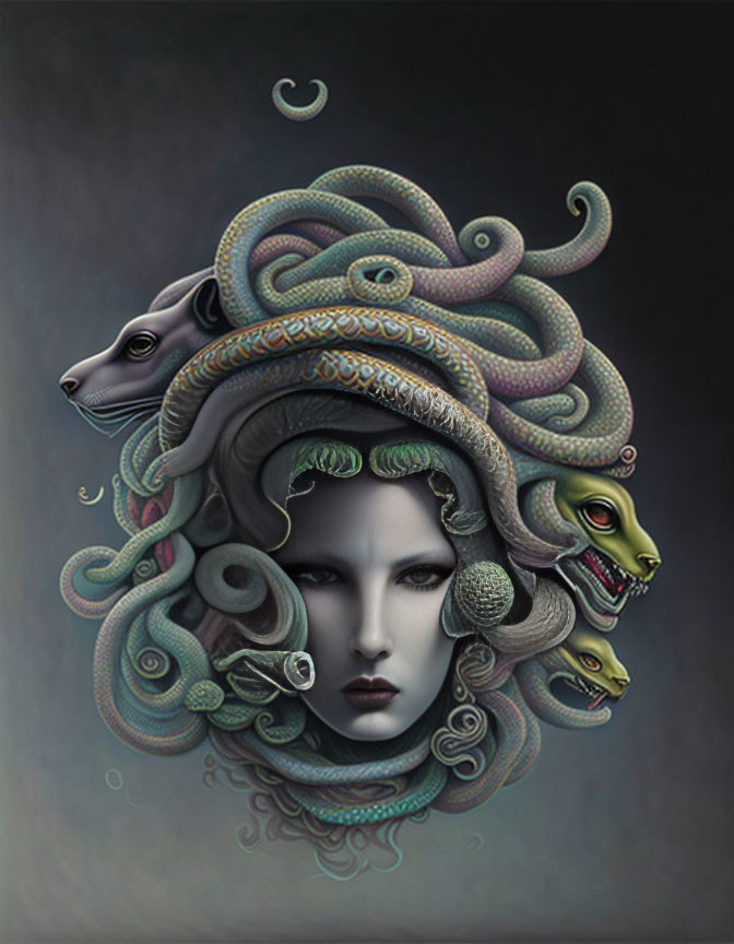 Surreal portrait of woman with Medusa-like hair and animal heads on dark background