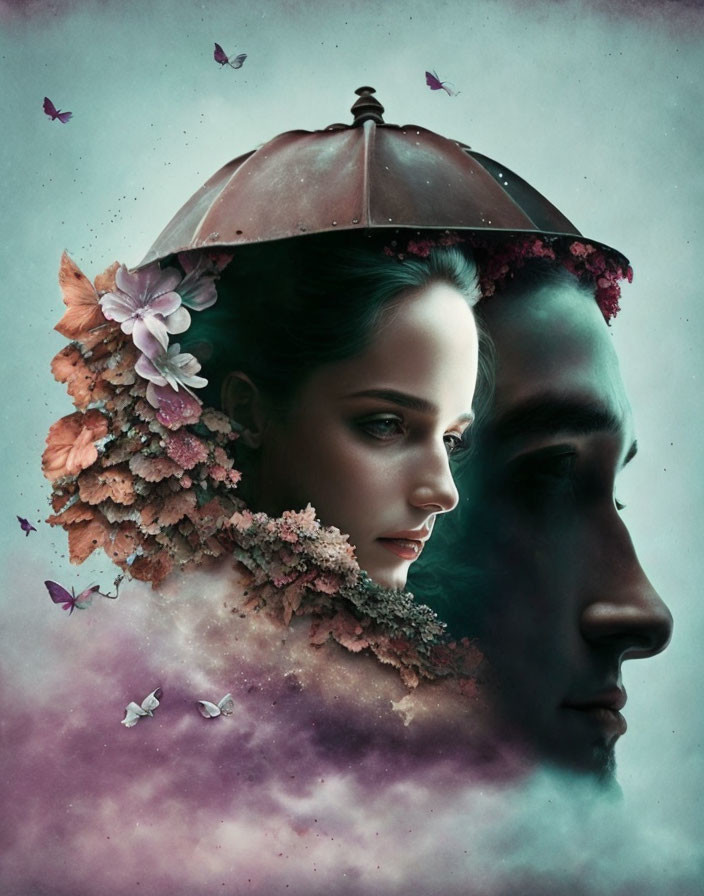 Surrealist portrait featuring man and woman with floral and butterfly motifs