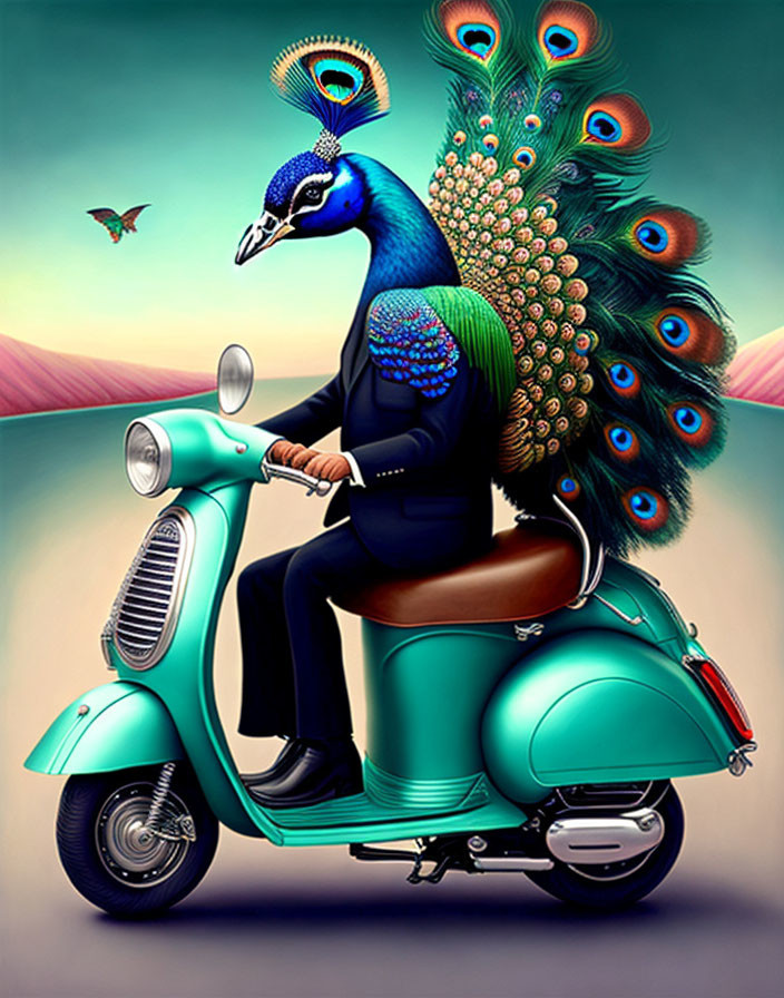 Peacock in suit rides turquoise scooter with butterfly nearby