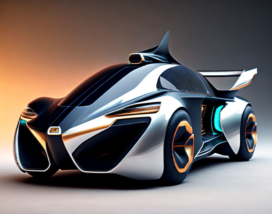 Futuristic vehicle with sharp angles, neon accents, and rear spoiler on orange background