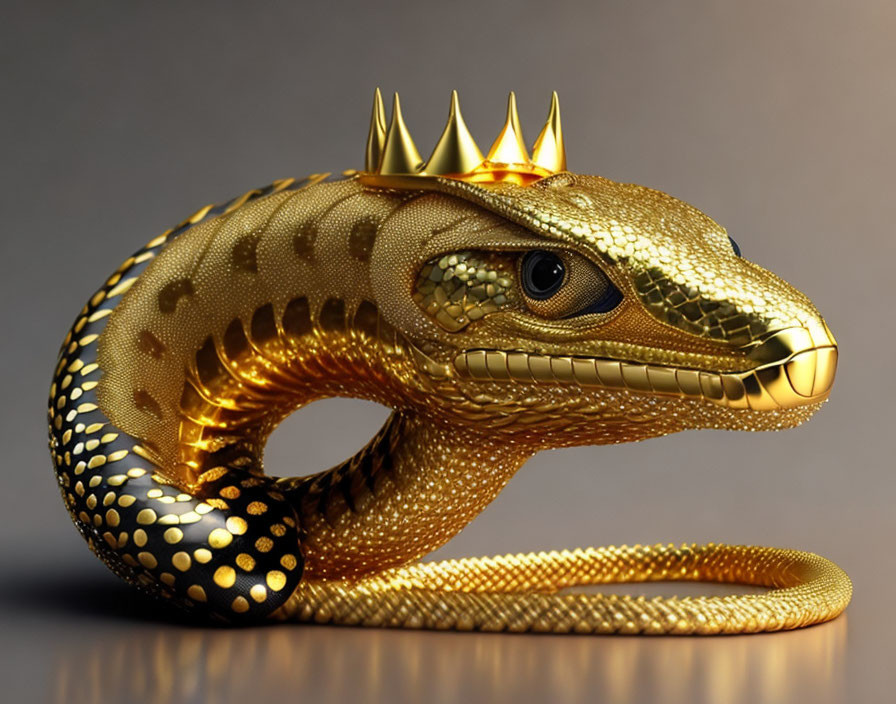 Golden snake with crown in coiled position on grey background