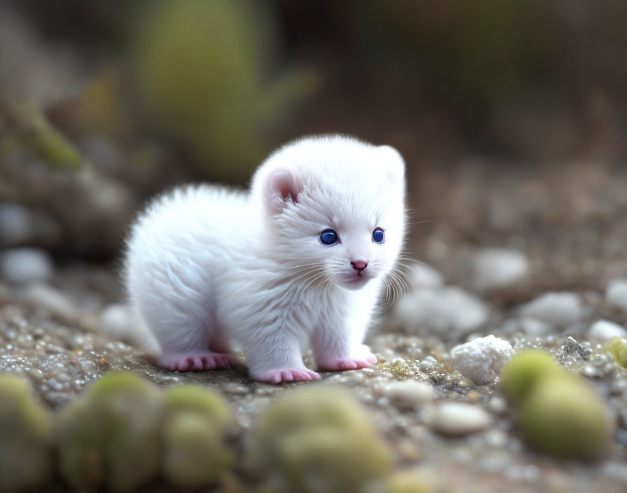 White kitten with blue eyes in nature setting.