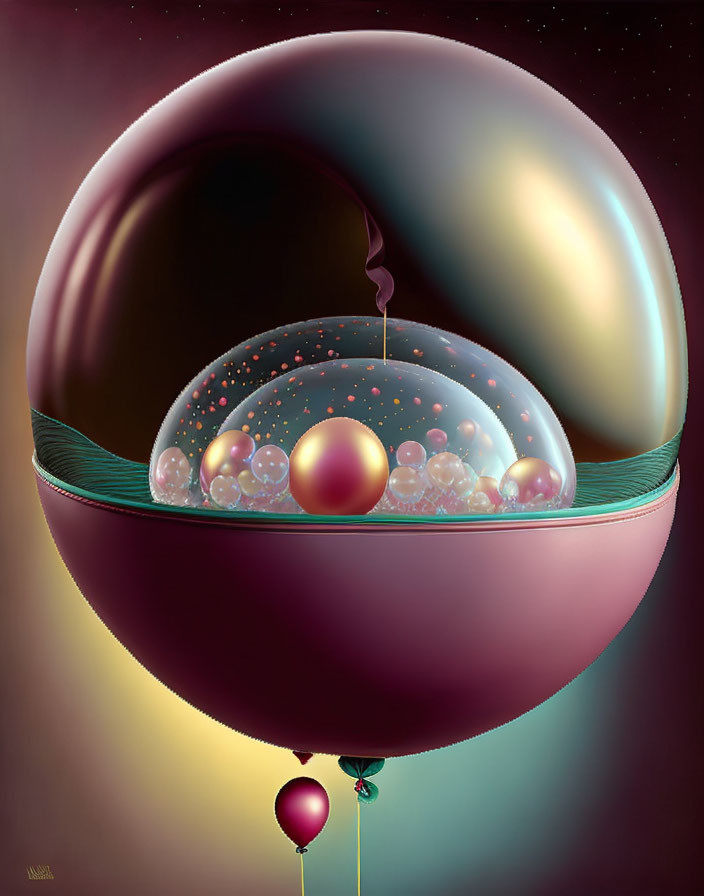 Surreal Artwork: Glossy Spheres, Droplet Effect, Soft Lighting