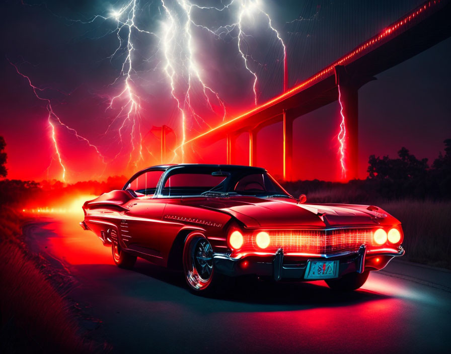 Vintage car under bridge with red lighting and lightning at night