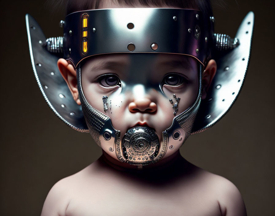 Toddler with mech-inspired digital headgear and features