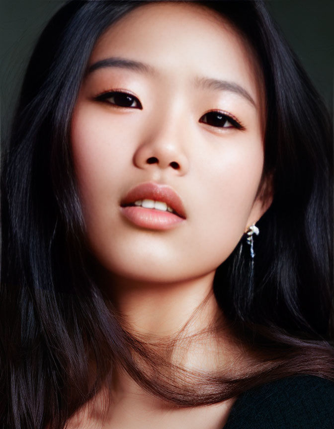 Young woman close-up portrait with dark hair and subtle makeup.