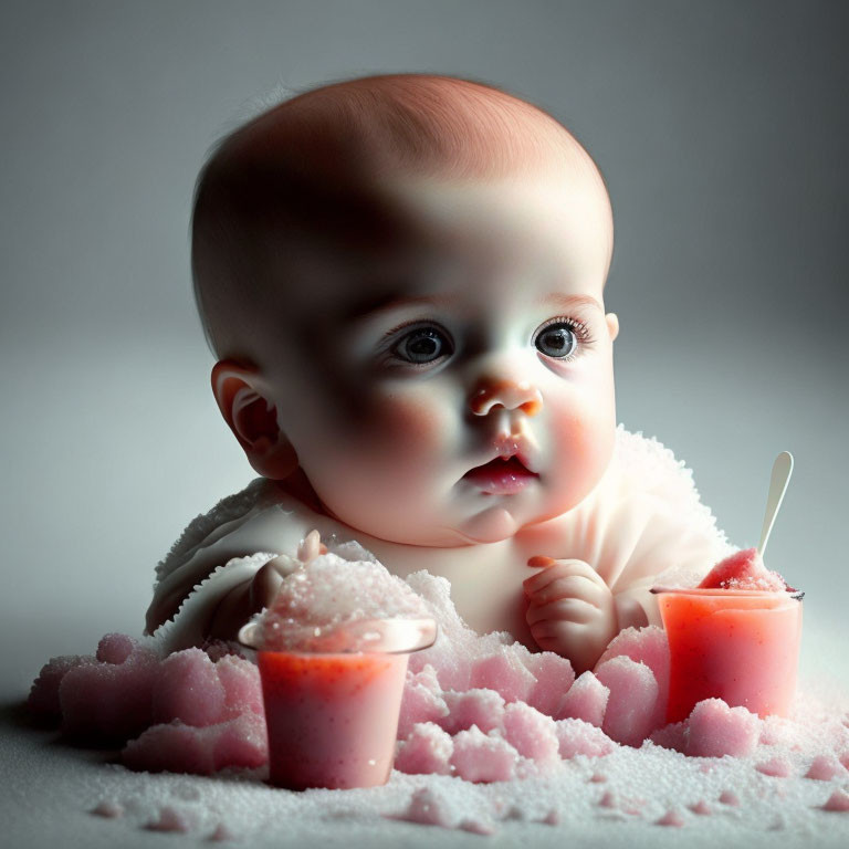 Light-skinned infant near spilled pink smoothie cups and spoon, gazing sideways.