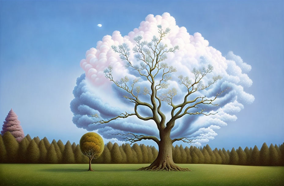 Surreal landscape with tree blending into cloud formation