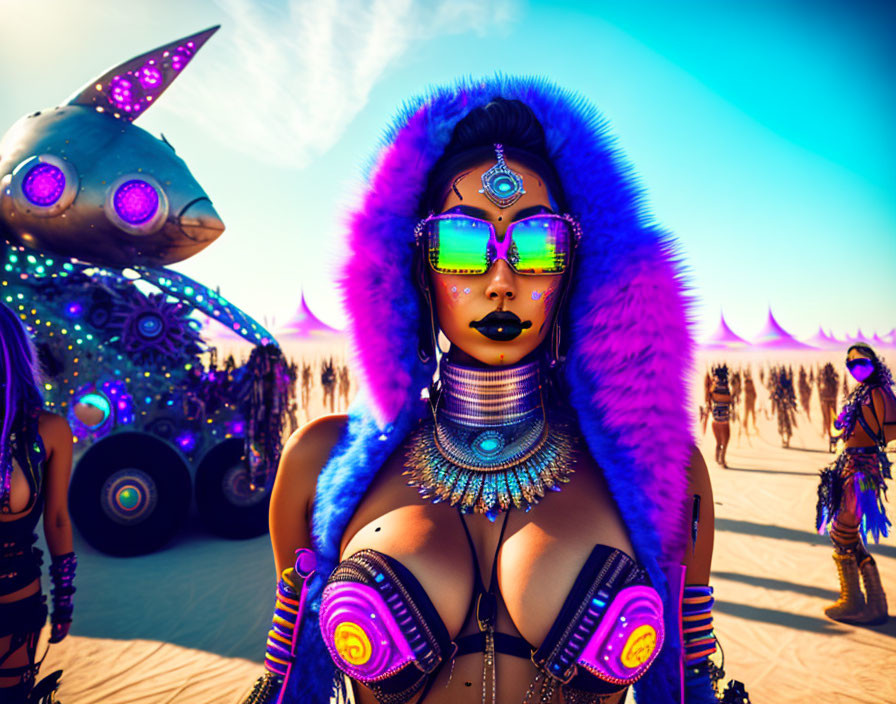 Futuristic tribal makeup woman at desert festival with art car