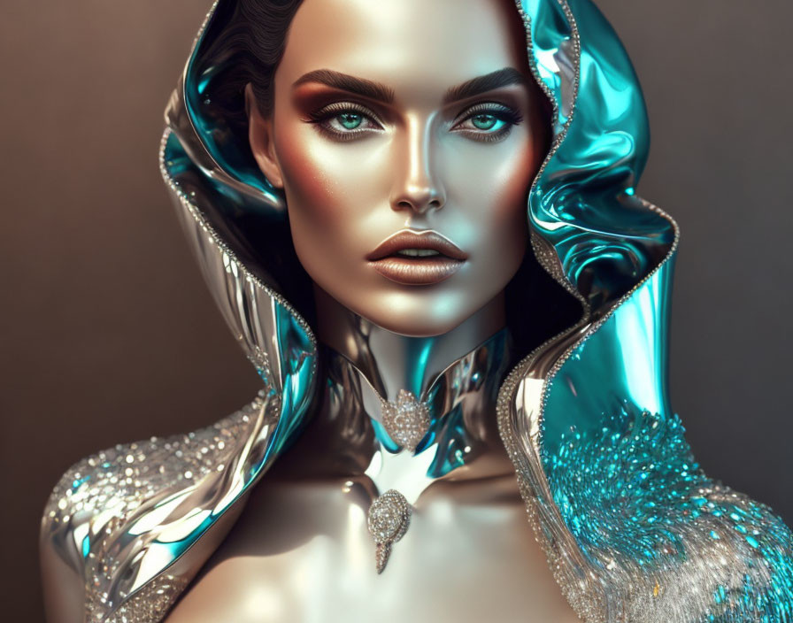 Futuristic female figure in metallic blue headwear and silver costume.