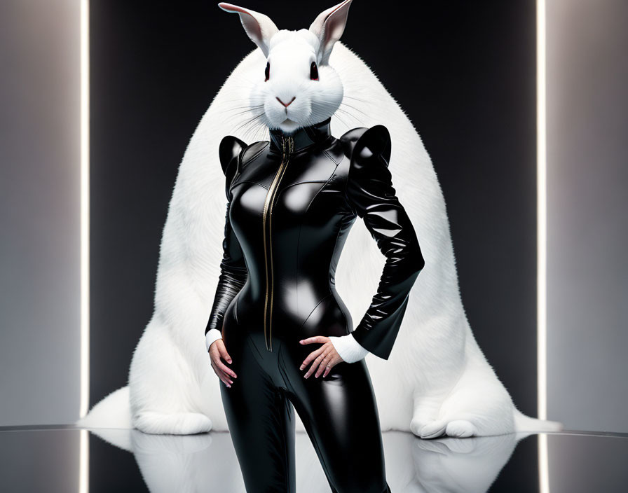 Person in Black Latex Suit Posed with Large White Rabbit Head