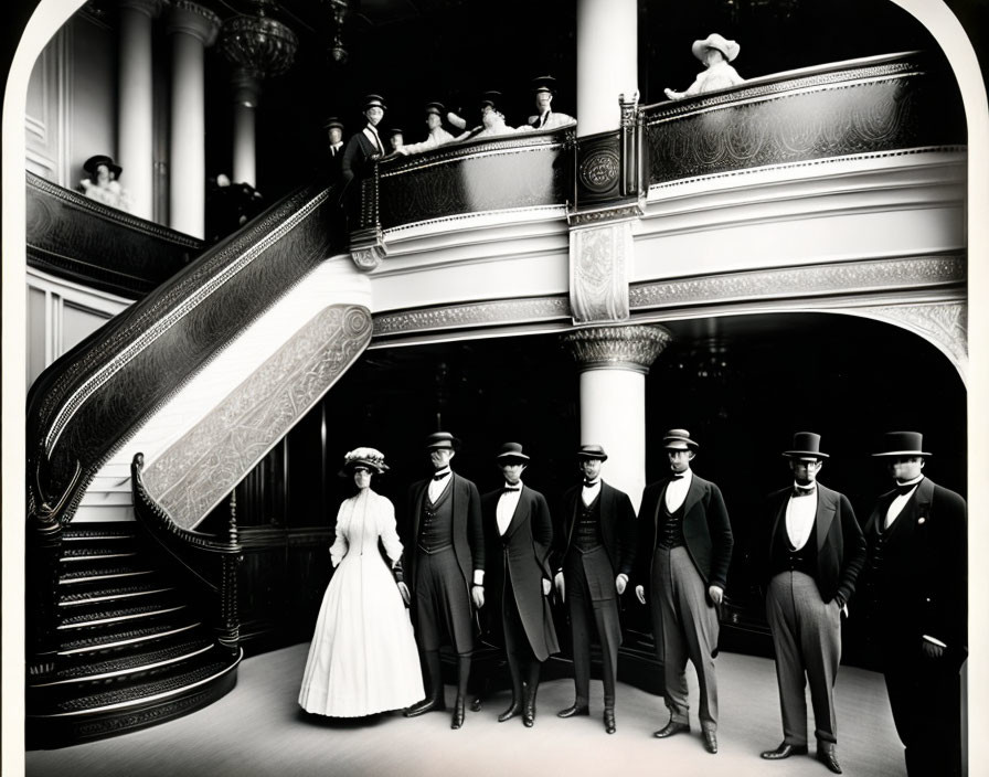 Early 20th-century elegant scene with well-dressed individuals at grand staircase.