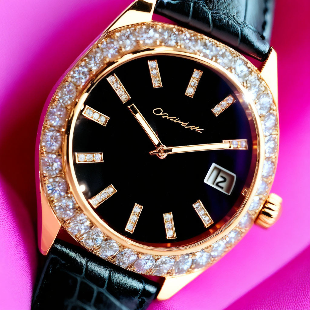 Rose Gold Crystal-Encrusted Wristwatch with Diamond Hour Markers